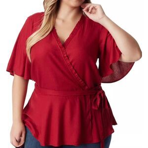 Jessica Simpson Women's 2X XXL Red Blouse Ruffle Wrap Shirt Work Romantic Chic